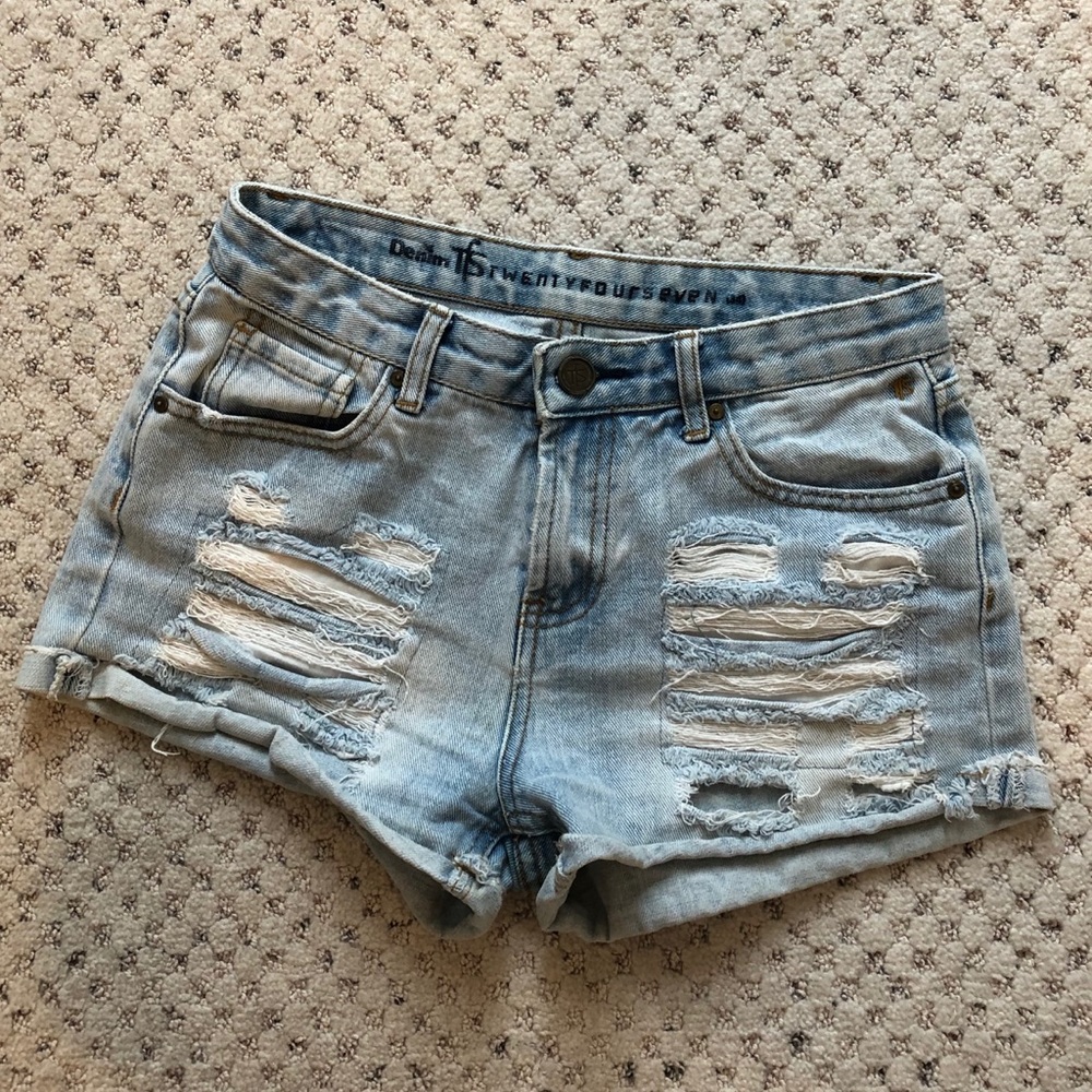 High waisted distressed jean shorts